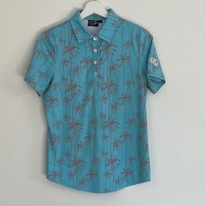 Sunday Swagger Women's Palm Tree Print Small Golf Polo Shirt Aqua Grey Size S